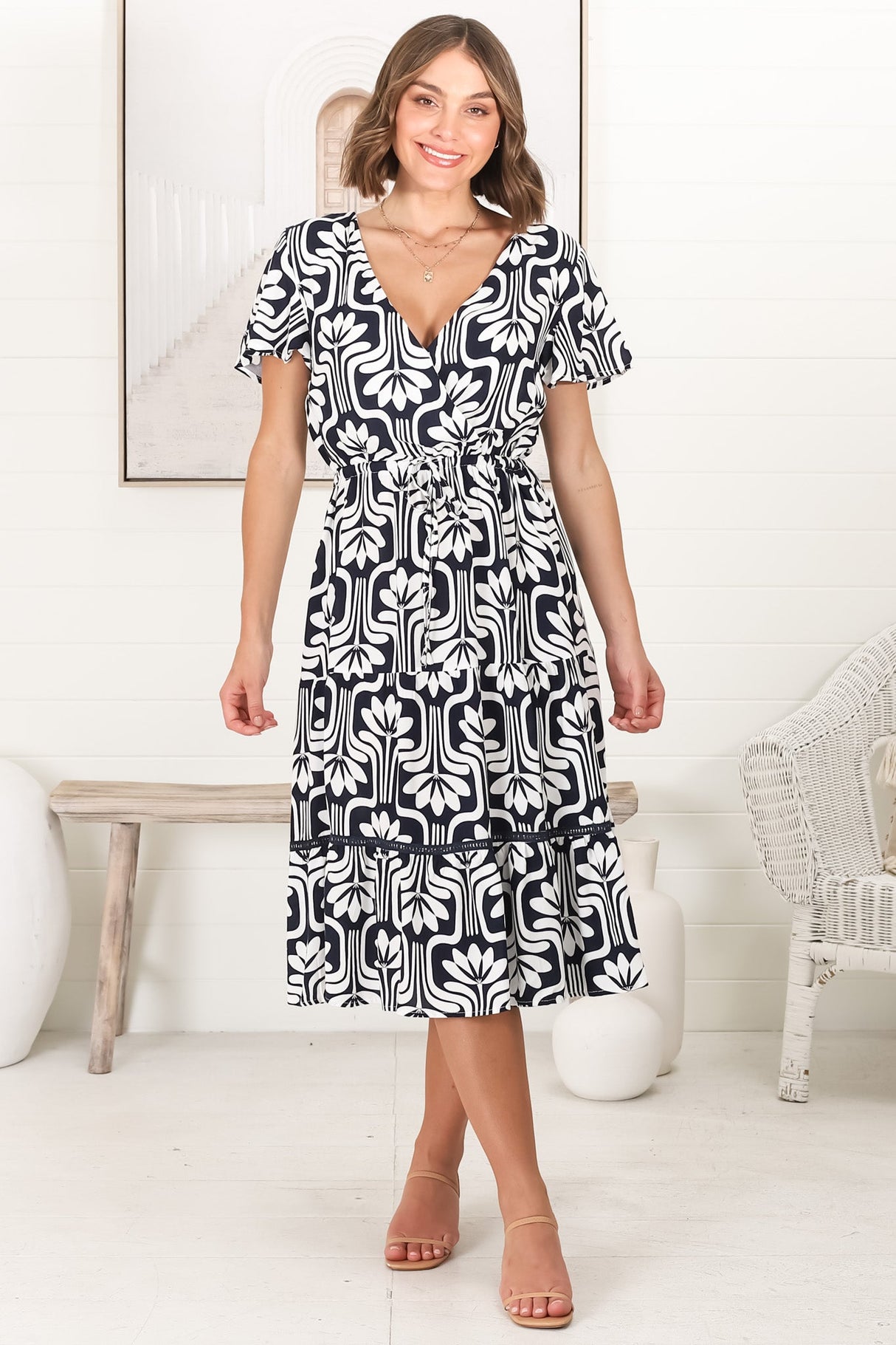 Kris Midi Dress - Cross Bodice A Line Dress with Crochet Spilicing in Luvira Print Navy