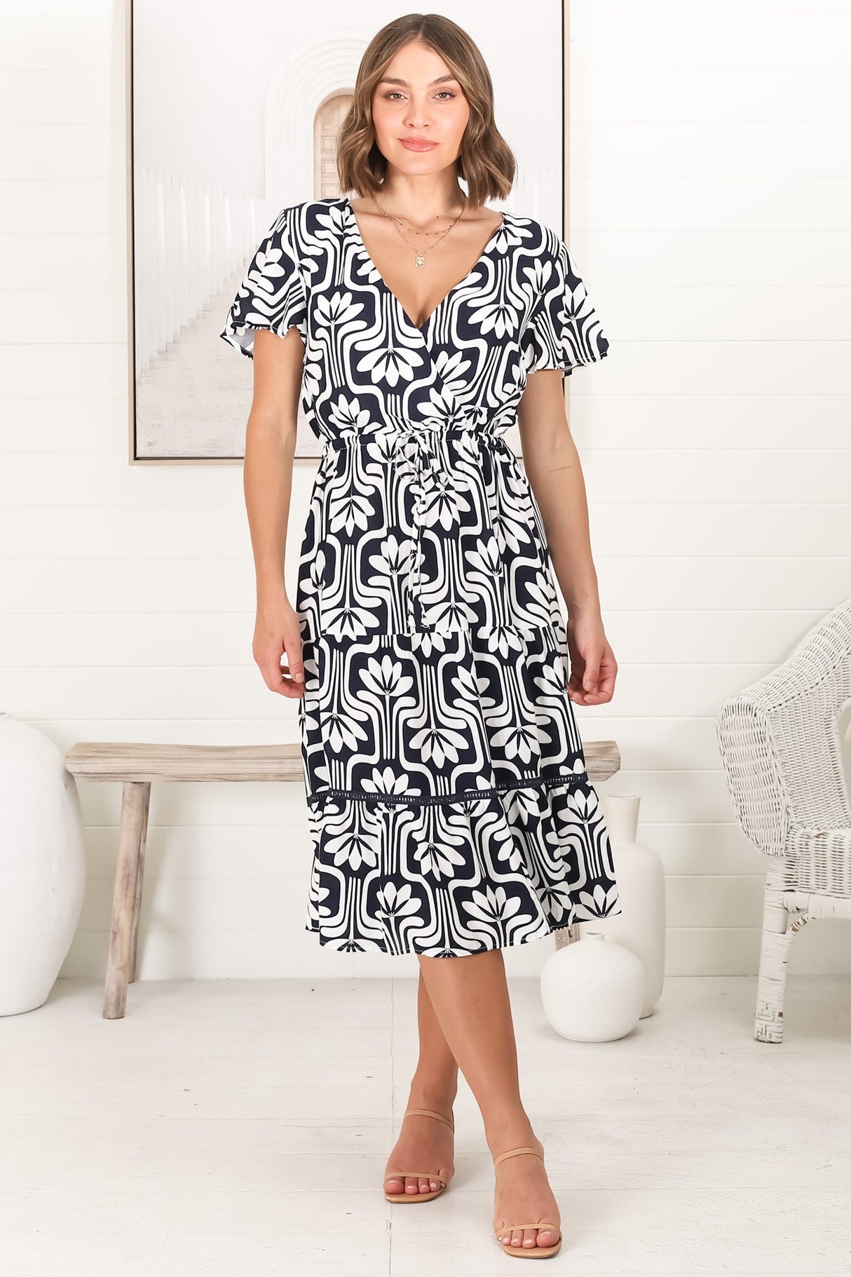 Kris Midi Dress - Cross Bodice A Line Dress with Crochet Spilicing in Luvira Print Navy