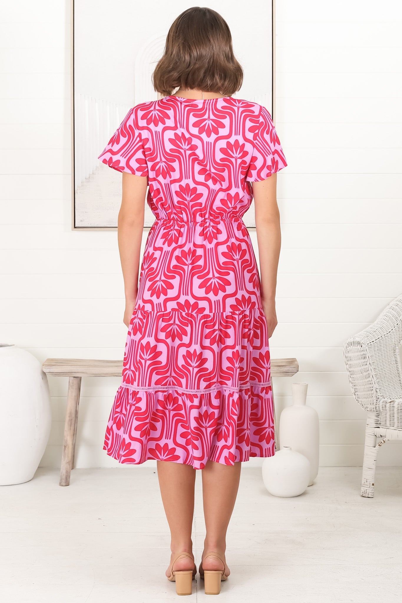 Kris Midi Dress - Cross Bodice A Line Dress with Crochet Spilicing in Luvira Print Pink