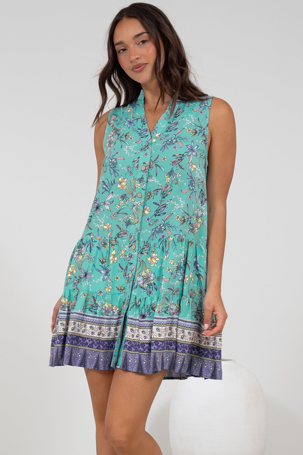 Kristy Mini Dress - Mandarin Collar Sleeveless Dress in Bristal Print