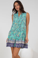 Kristy Mini Dress - Mandarin Collar Sleeveless Dress in Bristal Print