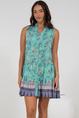 Kristy Mini Dress - Mandarin Collar Sleeveless Dress in Bristal Print