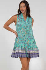 Kristy Mini Dress - Mandarin Collar Sleeveless Dress in Bristal Print