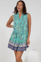 Kristy Mini Dress - Mandarin Collar Sleeveless Dress in Bristal Print