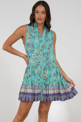 Kristy Mini Dress - Mandarin Collar Sleeveless Dress in Bristal Print