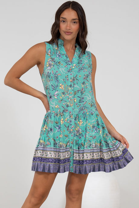 Kristy Mini Dress - Mandarin Collar Sleeveless Dress in Bristal Print