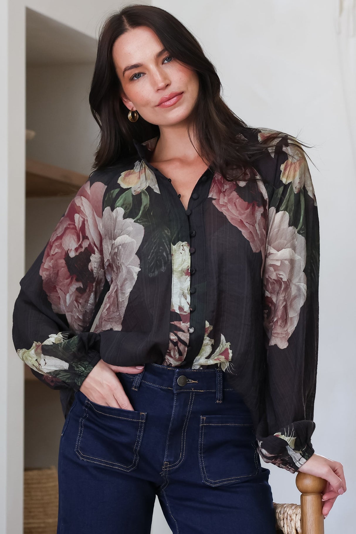 Model wearing Kyla Blouse in Mika Print from Salty Crush