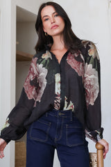 Kyla Blouse - Collared Button Down with Long Balloon Sleeves in Mika Print