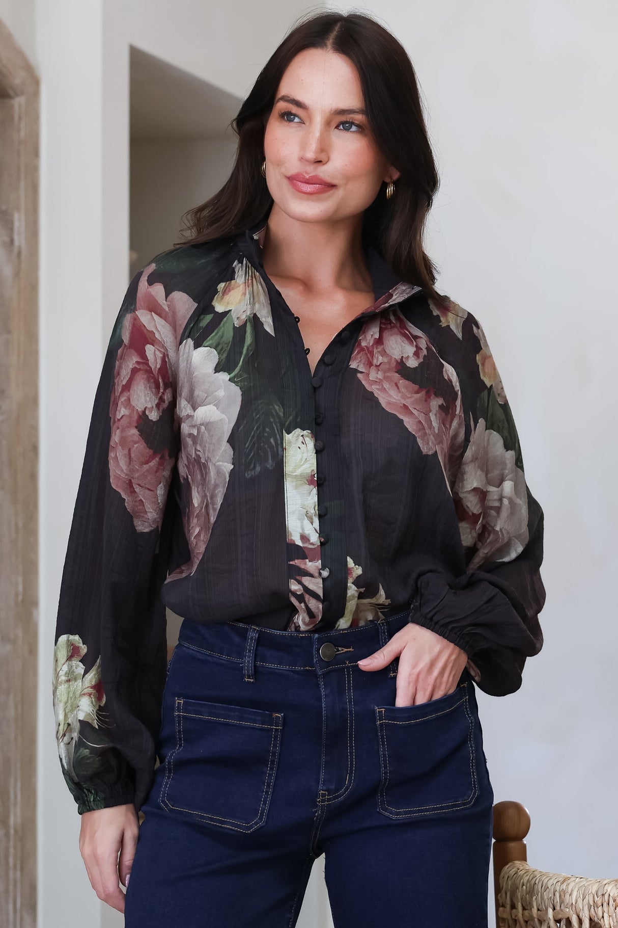 Kyla Blouse - Collared Button Down with Long Balloon Sleeves in Mika Print