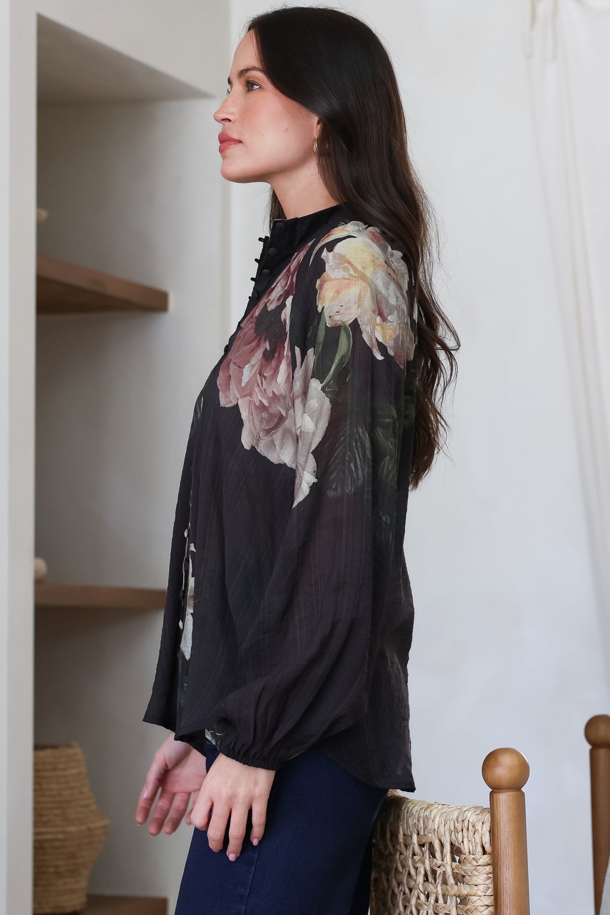 Kyla Blouse - Collared Button Down with Long Balloon Sleeves in Mika Print
