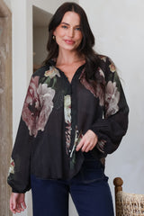 Kyla Blouse - Collared Button Down with Long Balloon Sleeves in Mika Print