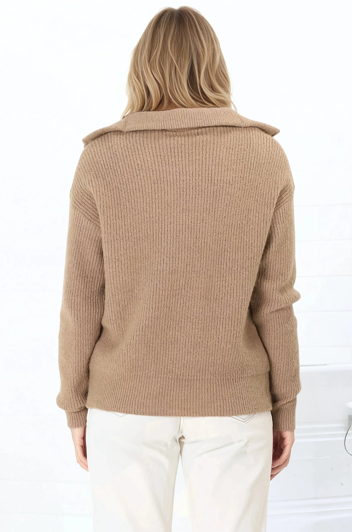 Kyland Jumper - Funnel Neckline Ribbed Jumper with Zipper Detail in Camel