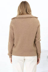 Kyland Jumper - Funnel Neckline Ribbed Jumper with Zipper Detail in Camel