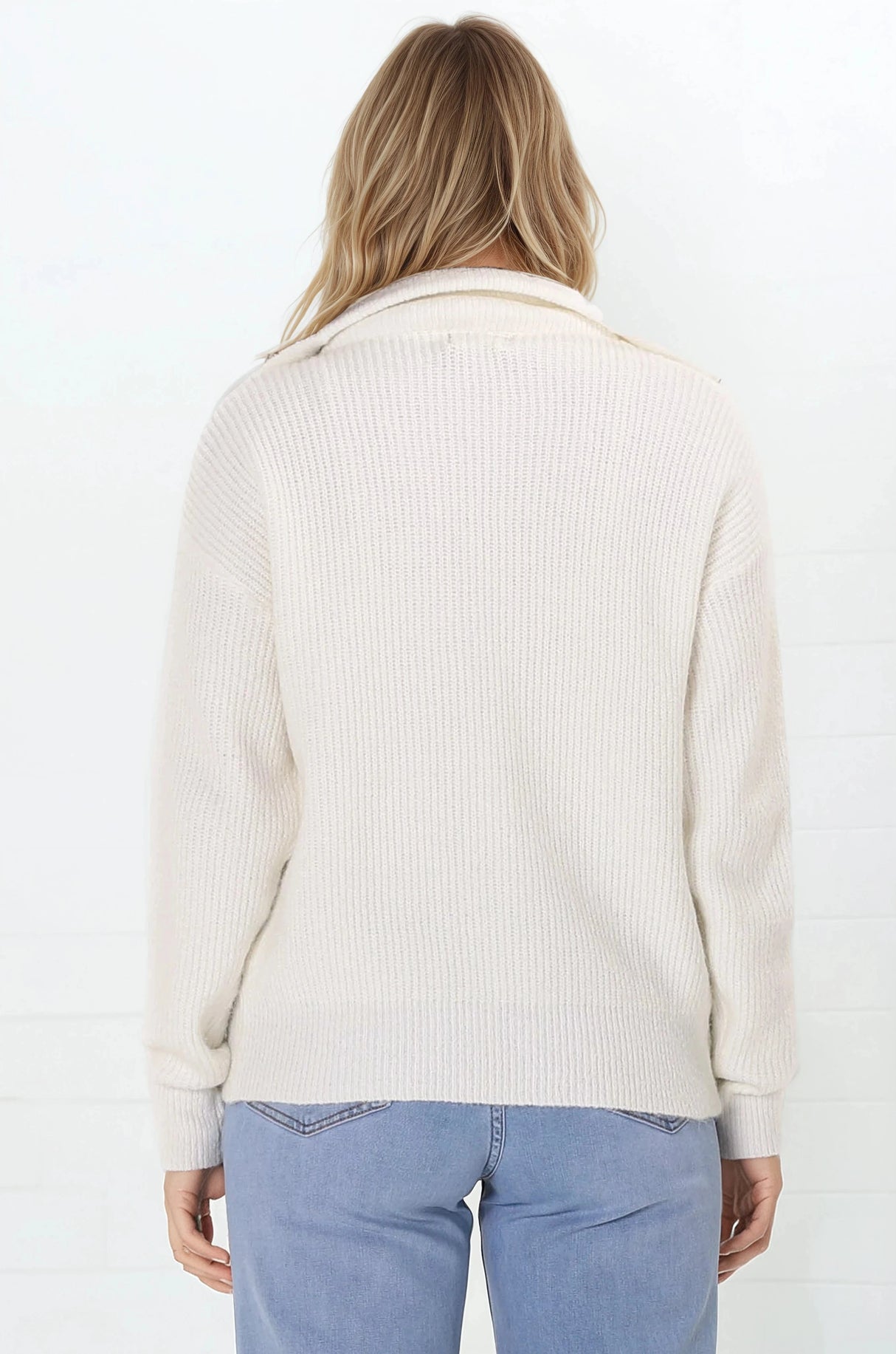 Kyland Jumper - Funnel Neckline Ribbed Jumper with Zipper Detail in Cream
