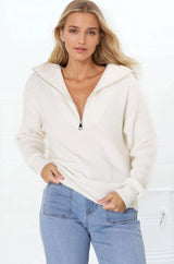 Kyland Jumper - Funnel Neckline Ribbed Jumper with Zipper Detail in Cream