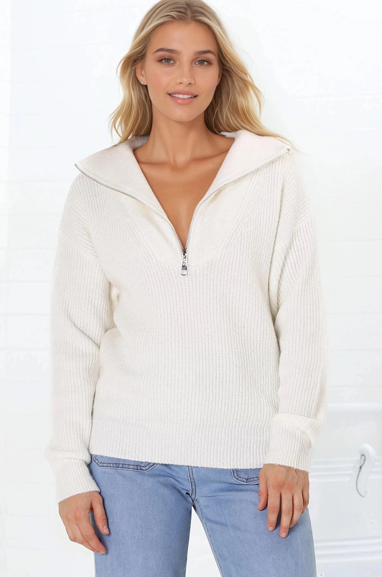 Kyland Jumper - Funnel Neckline Ribbed Jumper with Zipper Detail in Cream