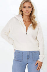 Kyland Jumper - Funnel Neckline Ribbed Jumper with Zipper Detail in Cream