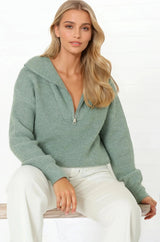 Kyland Jumper - Funnel Neckline Ribbed Jumper with Zipper Detail in Mint