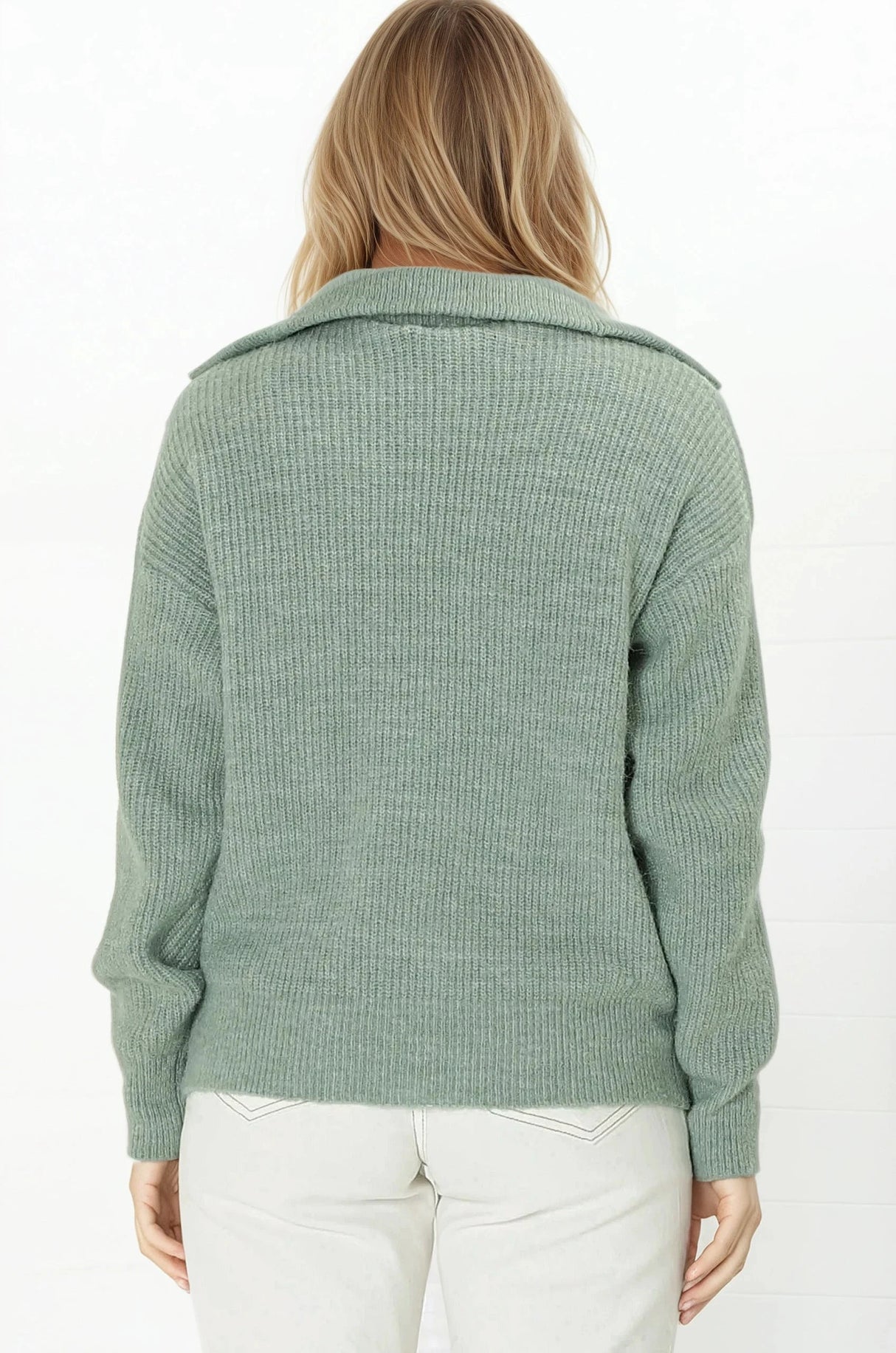 Kyland Jumper - Funnel Neckline Ribbed Jumper with Zipper Detail in Mint