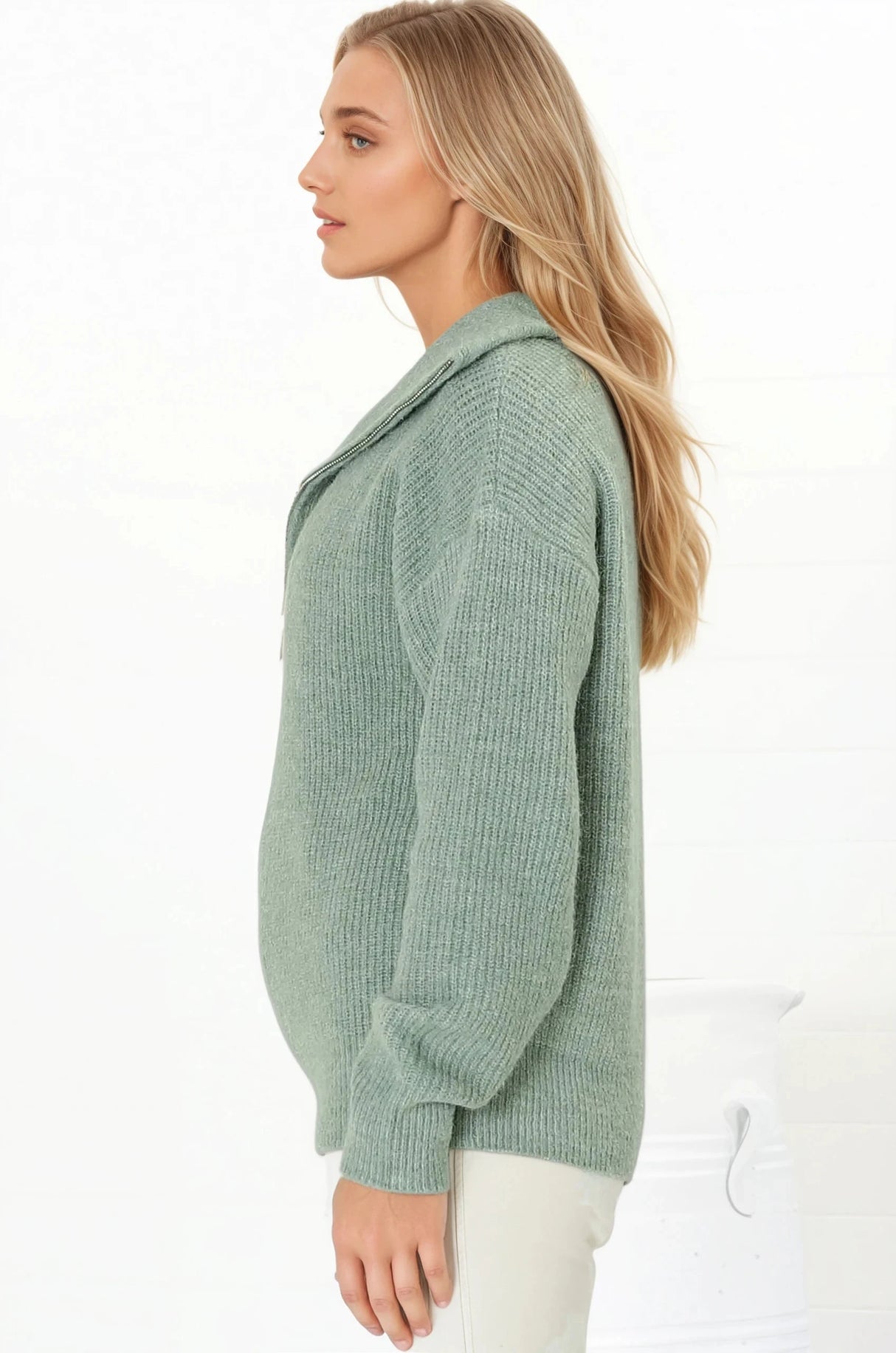 Kyland Jumper - Funnel Neckline Ribbed Jumper with Zipper Detail in Mint