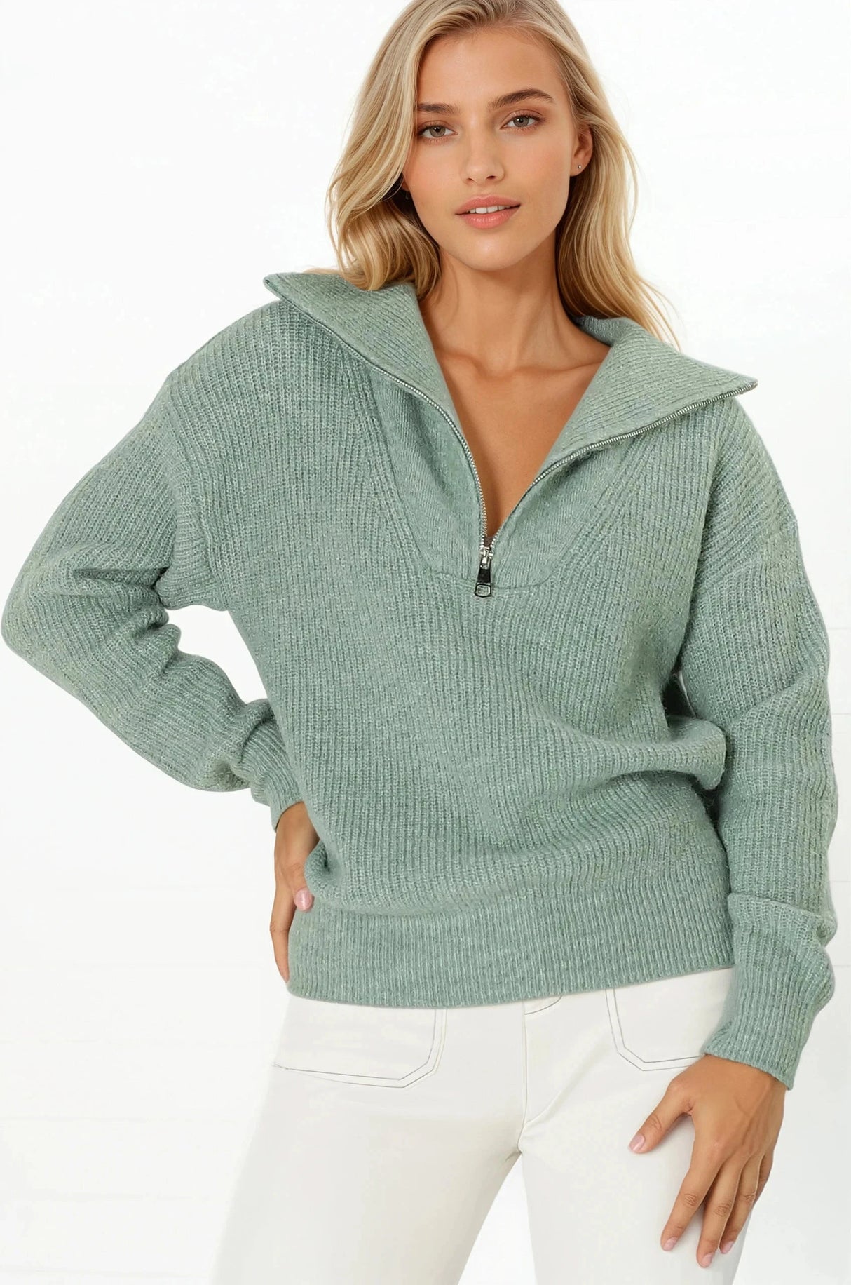 Kyland Jumper - Funnel Neckline Ribbed Jumper with Zipper Detail in Mint