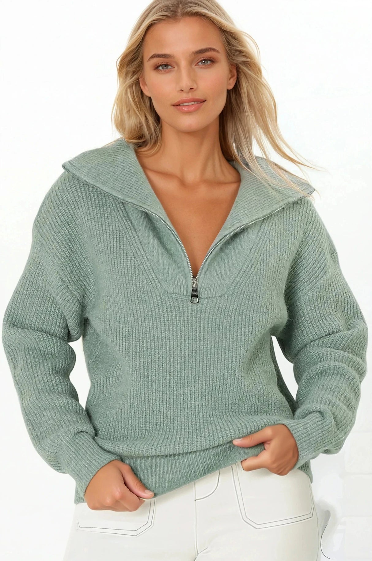 Kyland Jumper - Funnel Neckline Ribbed Jumper with Zipper Detail in Mint