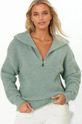 Kyland Jumper - Funnel Neckline Ribbed Jumper with Zipper Detail in Mint