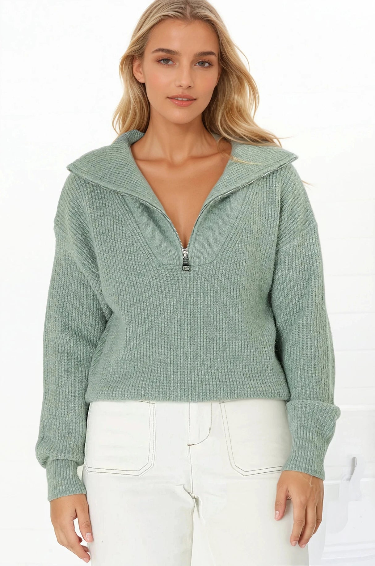 Kyland Jumper - Funnel Neckline Ribbed Jumper with Zipper Detail in Mint