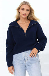 Kyland Jumper - Funnel Neckline Ribbed Jumper with Zipper Detail in Navy