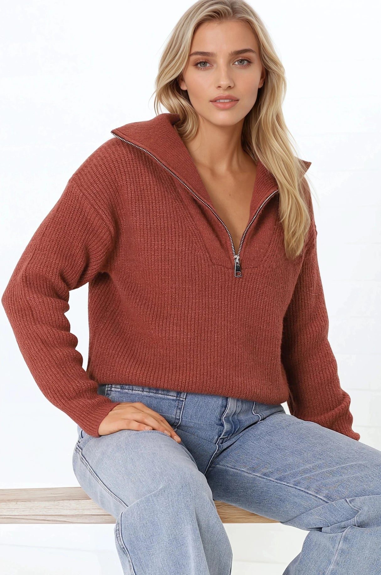 Kyland Jumper - Funnel Neckline Ribbed Jumper with Zipper Detail in Rust