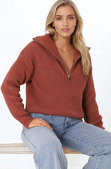Kyland Jumper - Funnel Neckline Ribbed Jumper with Zipper Detail in Rust