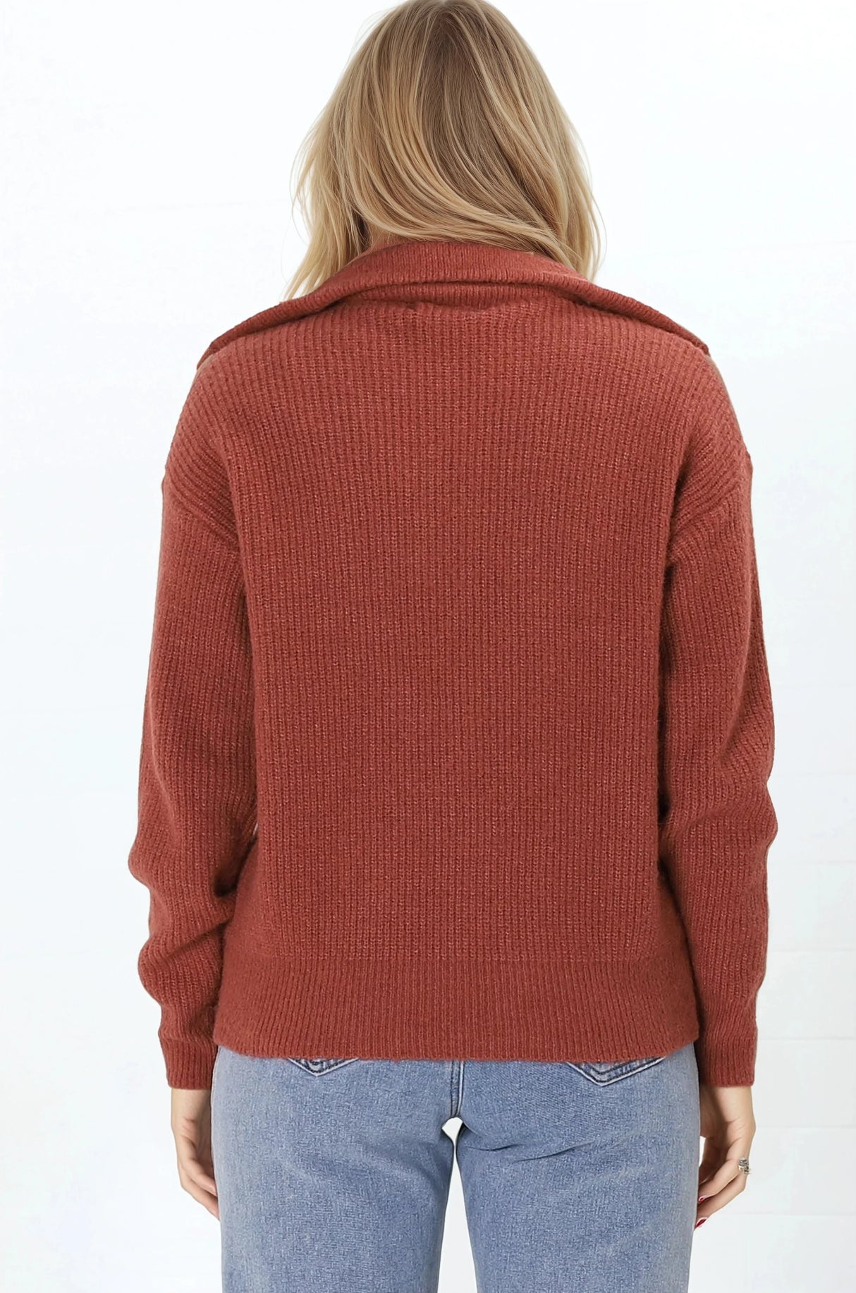 Kyland Jumper - Funnel Neckline Ribbed Jumper with Zipper Detail in Rust