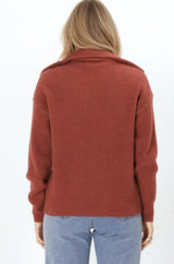 Kyland Jumper - Funnel Neckline Ribbed Jumper with Zipper Detail in Rust