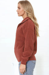 Kyland Jumper - Funnel Neckline Ribbed Jumper with Zipper Detail in Rust