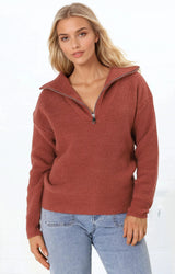 Kyland Jumper - Funnel Neckline Ribbed Jumper with Zipper Detail in Rust
