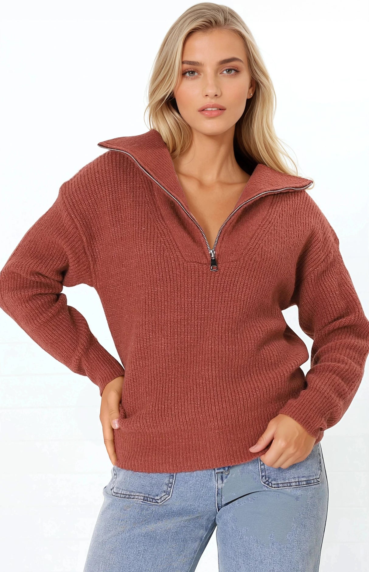 Kyland Jumper - Funnel Neckline Ribbed Jumper with Zipper Detail in Rust