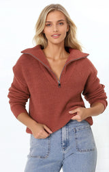 Kyland Jumper - Funnel Neckline Ribbed Jumper with Zipper Detail in Rust