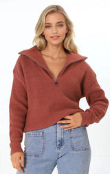 Kyland Jumper - Funnel Neckline Ribbed Jumper with Zipper Detail in Rust