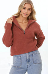 Kyland Jumper - Funnel Neckline Ribbed Jumper with Zipper Detail in Rust