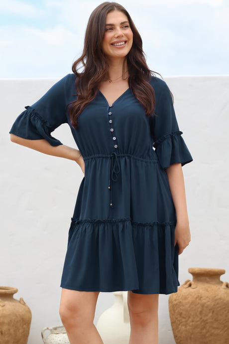 Kyra Mini Dress - Tiered V-Neck Dress with Pull Tie Waist in Blue