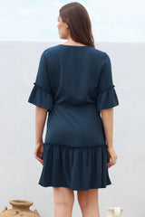 Kyra Mini Dress - Tiered V-Neck Dress with Pull Tie Waist in Blue