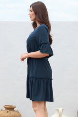 Kyra Mini Dress - Tiered V-Neck Dress with Pull Tie Waist in Blue