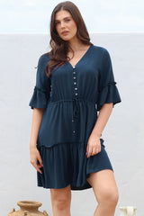 Kyra Mini Dress - Tiered V-Neck Dress with Pull Tie Waist in Blue