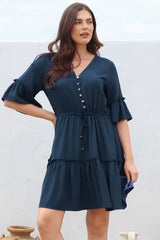 Kyra Mini Dress - Tiered V-Neck Dress with Pull Tie Waist in Blue
