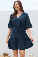 Kyra Mini Dress - Tiered V-Neck Dress with Pull Tie Waist in Blue