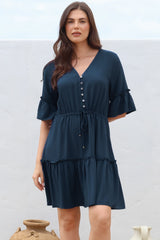 Kyra Mini Dress - Tiered V-Neck Dress with Pull Tie Waist in Blue