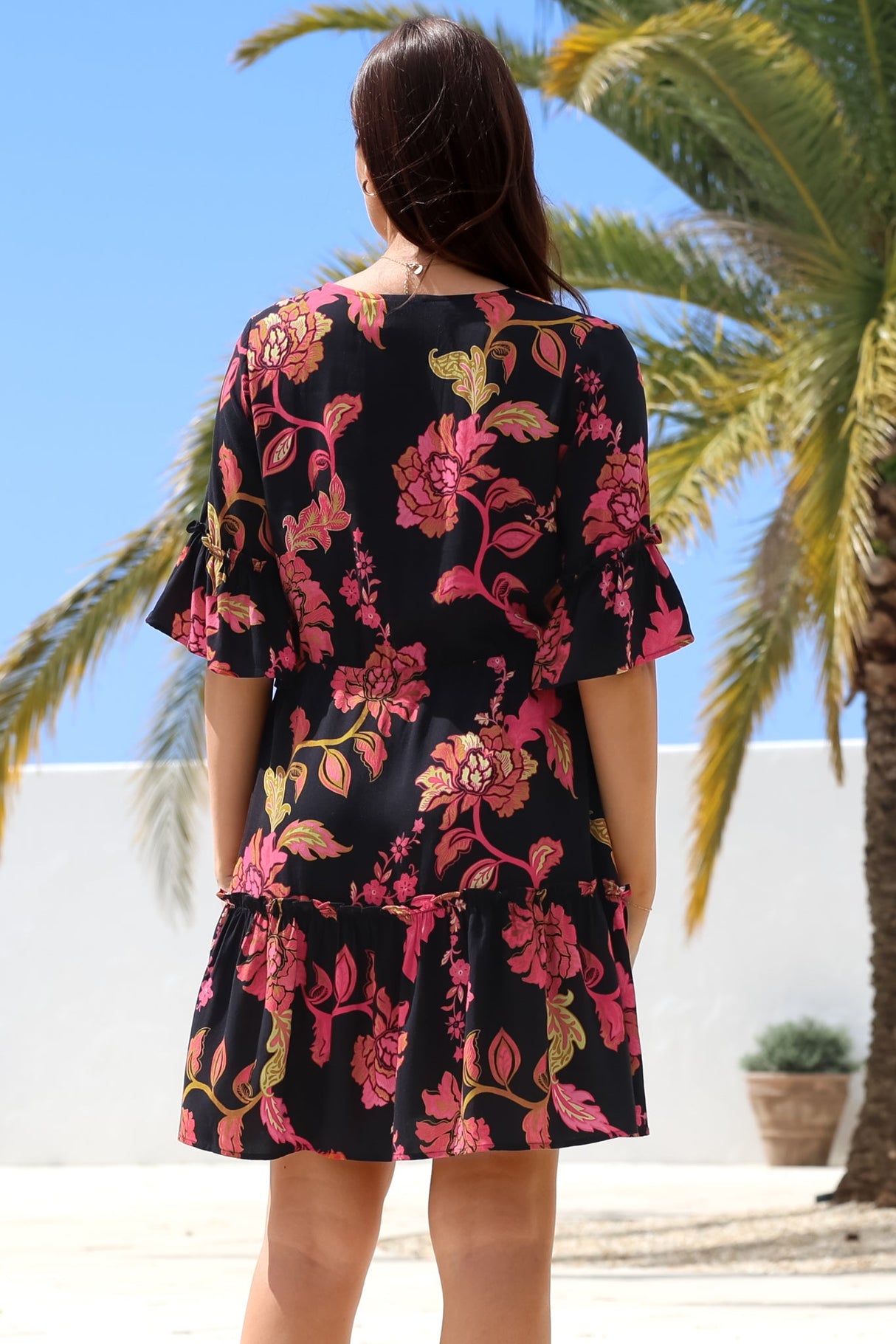 Kyra Mini Dress - Tiered V-Neck Dress with Pull Tie Waist in Valerie Print