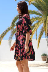 Kyra Mini Dress - Tiered V-Neck Dress with Pull Tie Waist in Valerie Print