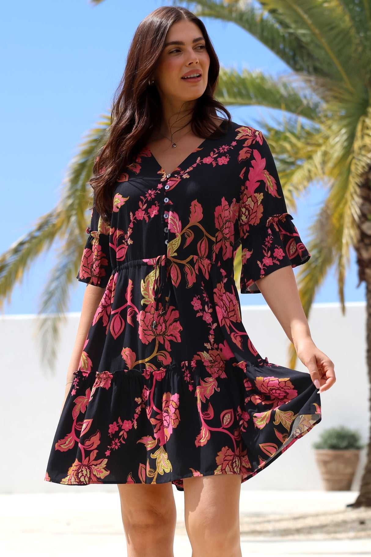 Kyra Mini Dress - Tiered V-Neck Dress with Pull Tie Waist in Valerie Print