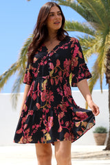 Kyra Mini Dress - Tiered V-Neck Dress with Pull Tie Waist in Valerie Print